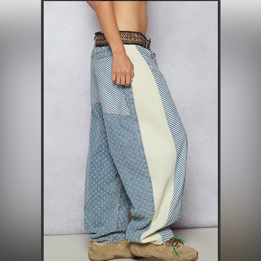 POL Patterned Denim Boyfriend Style Pants with Laser Cut Accents - Picture 3 of 4